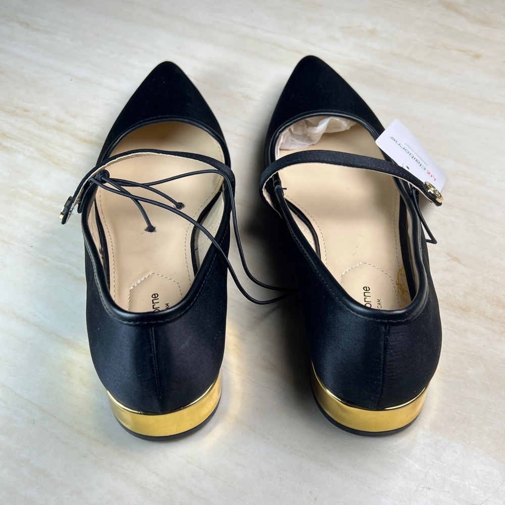 Liz Claiborne Black Satin Pointed Toe Mary Jane Flats with Gold Heel Memory 8.5 - Picture 7 of 12